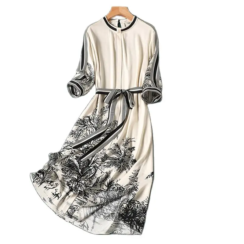 Apricot Striped Print Chiffon Vintage Lace Up Long Sleeve A-Line Women's Dress Korean Fashion Mid-Calf Dresses For Women 2023