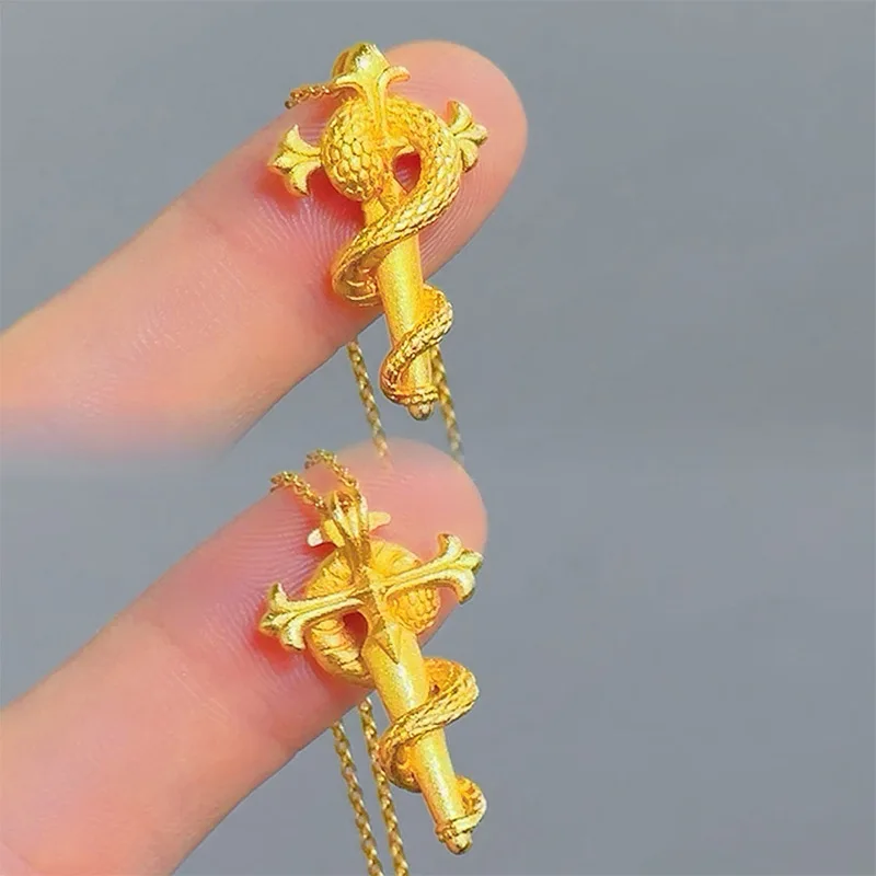 women's 9999 24K real gold Year of the Snake zodiac guardian ancient gold staff snake necklace pendant gift for girl