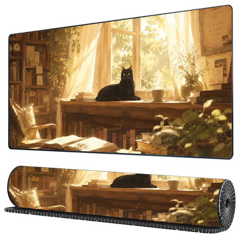 Warm Autumn Maple Forest Creek Black Cat Vintage Stone Bridge View Large Anti-Slip Extended Gaming Keyboard Mouse Pad