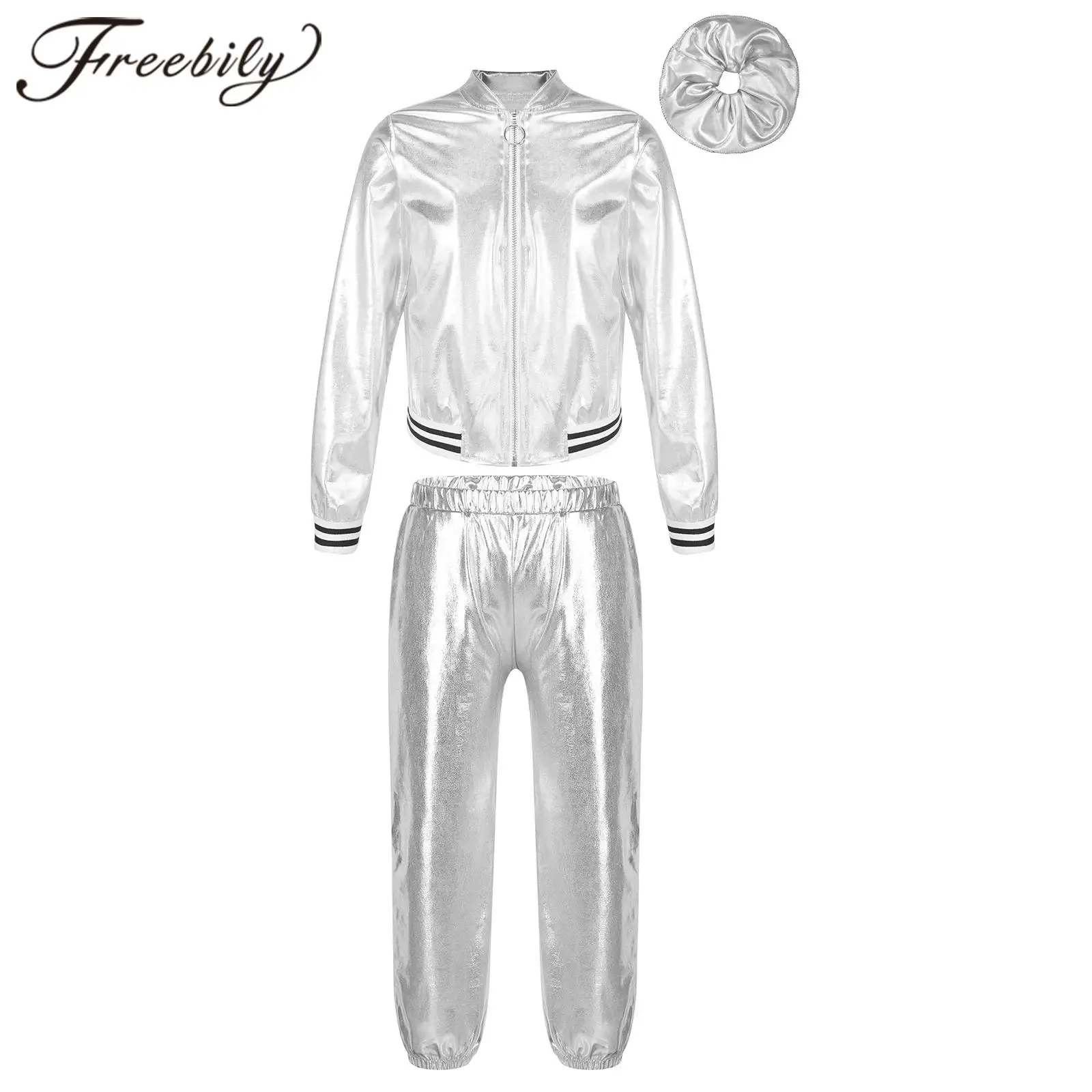 Girls Fashion Dancewear Suits Kids Hip Hop Clothes Long Sleeve Zipper Metallic Jacket with Pants Children Jazz Dance Costume