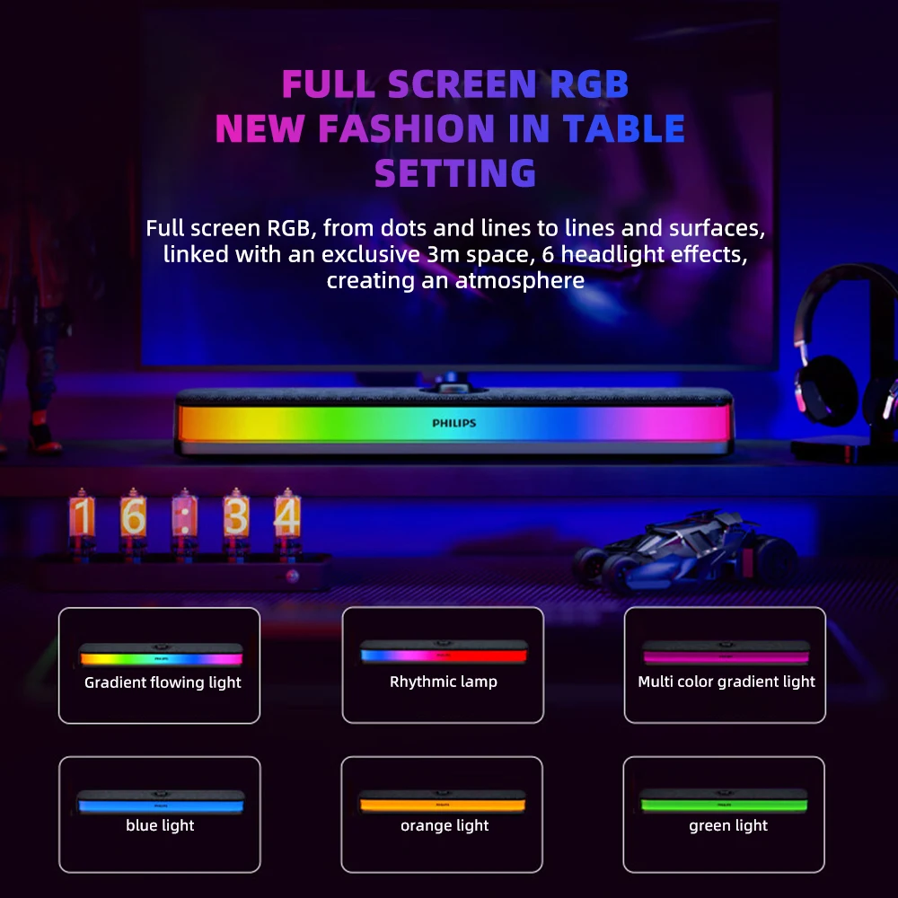 Philips SPA6109 Gaming Desktop Soundbar Full Screen RGB Noise Reduction Speaker with Mic Wired BT 5.3 Computer Sound System