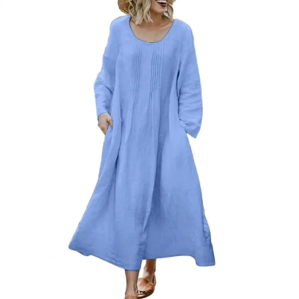 Spring Autumn Cotton Linen Round Neck Loose Midi Dress Women's Vintage Solid Pleated Pocket Long Sleeve Dresses Femme Robe