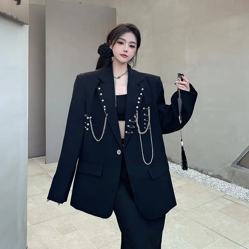 Черные пиджаки с цепочкой, пиджак, женское пальто, весна-осень, новый свободный повседневный костюм с подкладкой на плечах