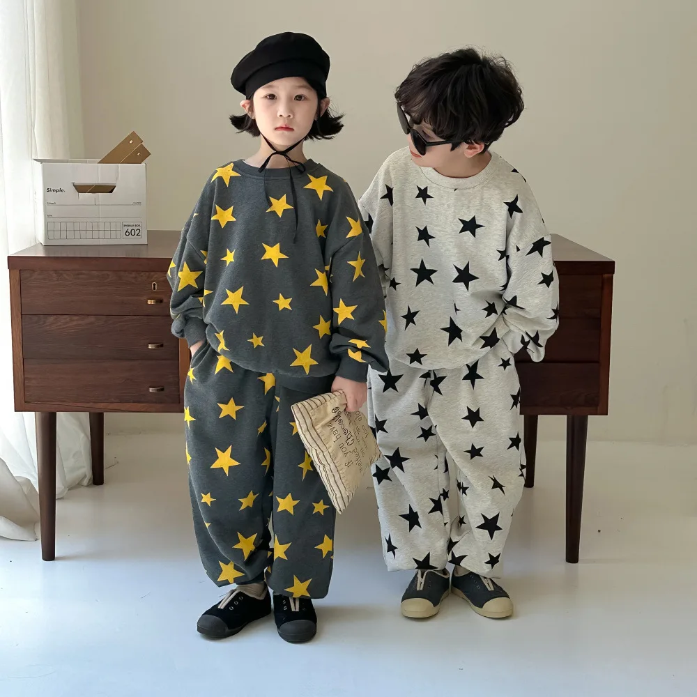 Children's Clothing Set 2024 Autumn Brother and Sister Clothes Boys and Girls Star Printed Long Sleeve Sweatpants 2Pcs Sets