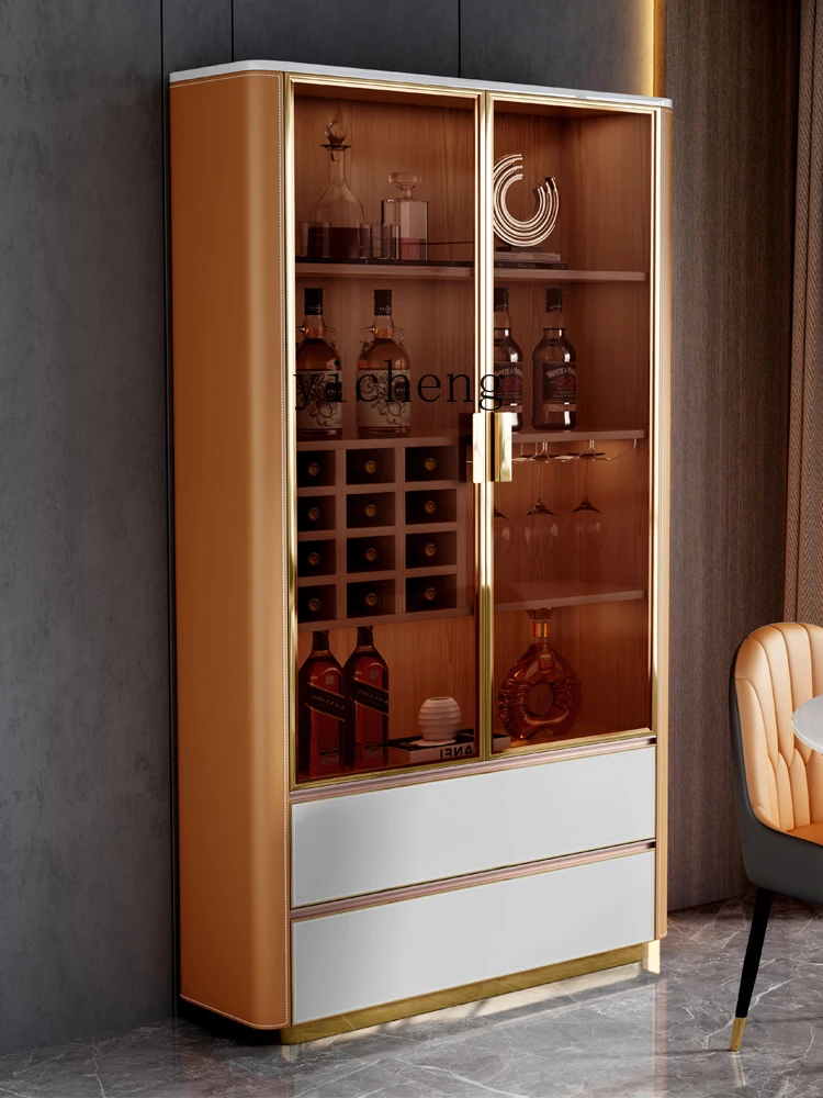 XL High-Grade Saddle Leather Wine Cabinet Solid Wood Wall Display Cabinet Glass Door Wine Cabinet