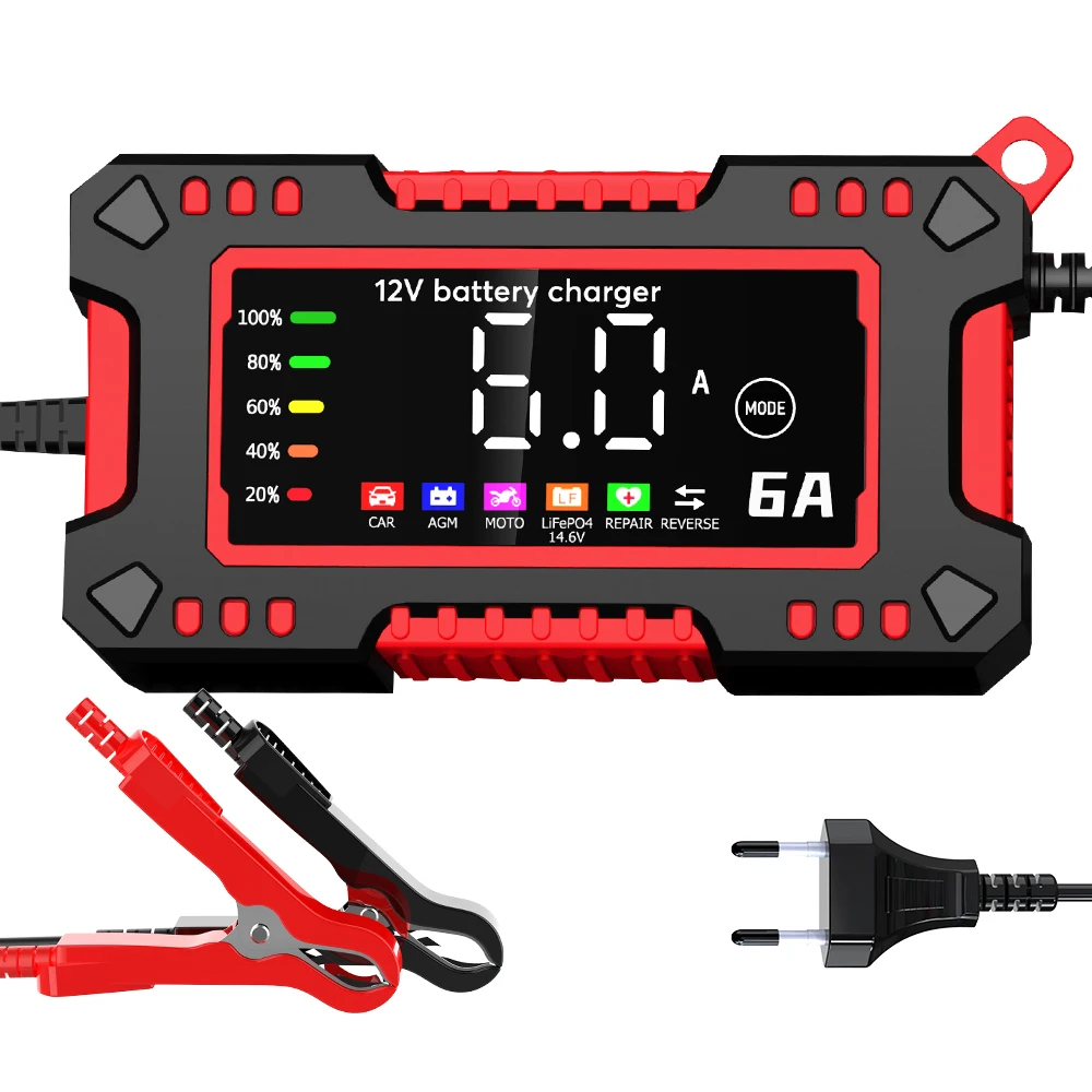 6A Smart Car Battery Charger Intelligent Pulse Repair for Acid-Lead Battery and LifePO4 14.6V 12V 6A Charger