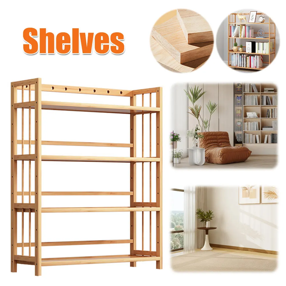 

4-ярусная бамбуковая полка большой вместимости, простой книжный шкаф, многофункциональный напольный стеллаж для хранения для ванной, кухни, гостиной