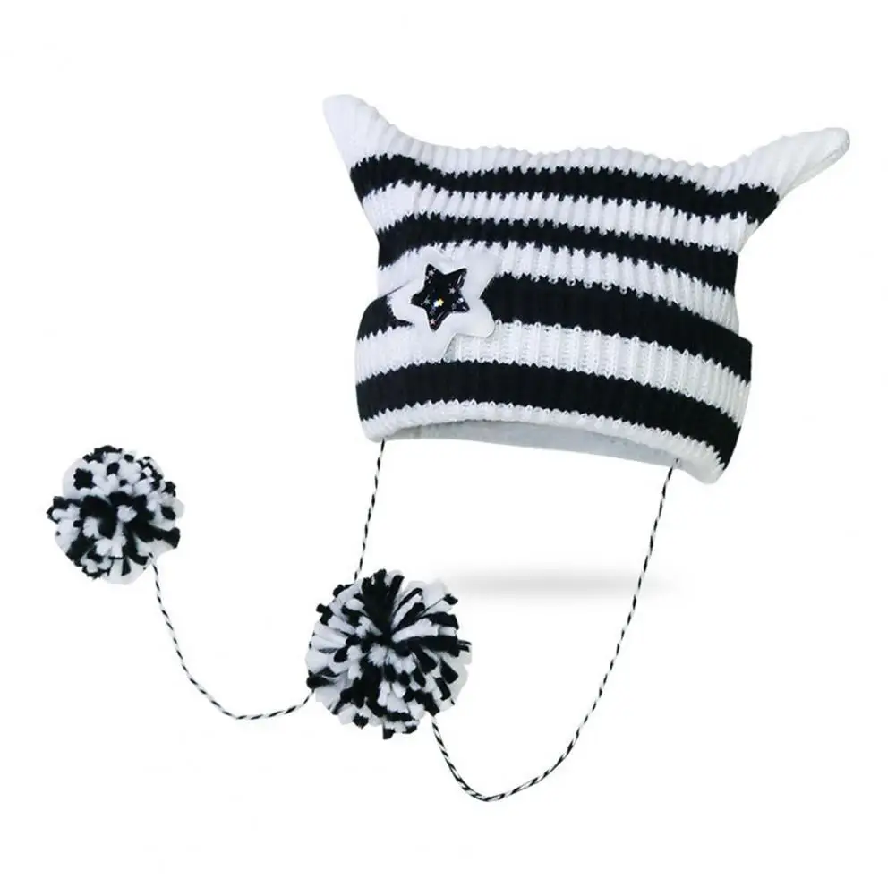 Winter Hat with Hanging Fur Balls Striped Star Fur Ball Decor Winter Ladies Hat with Kitty Head Design Anti-slip for Warmth