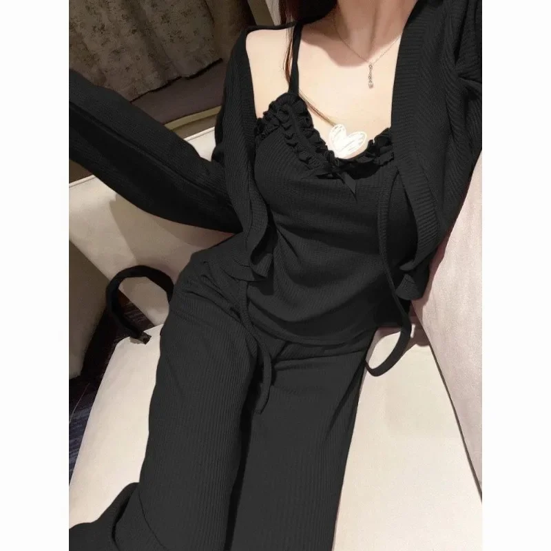 Pajamas with Chest Pad Three-piece Spring and Autumn Bow Halter Cardigan Home Wear French Style Pure Wind Lace Sexy Women's