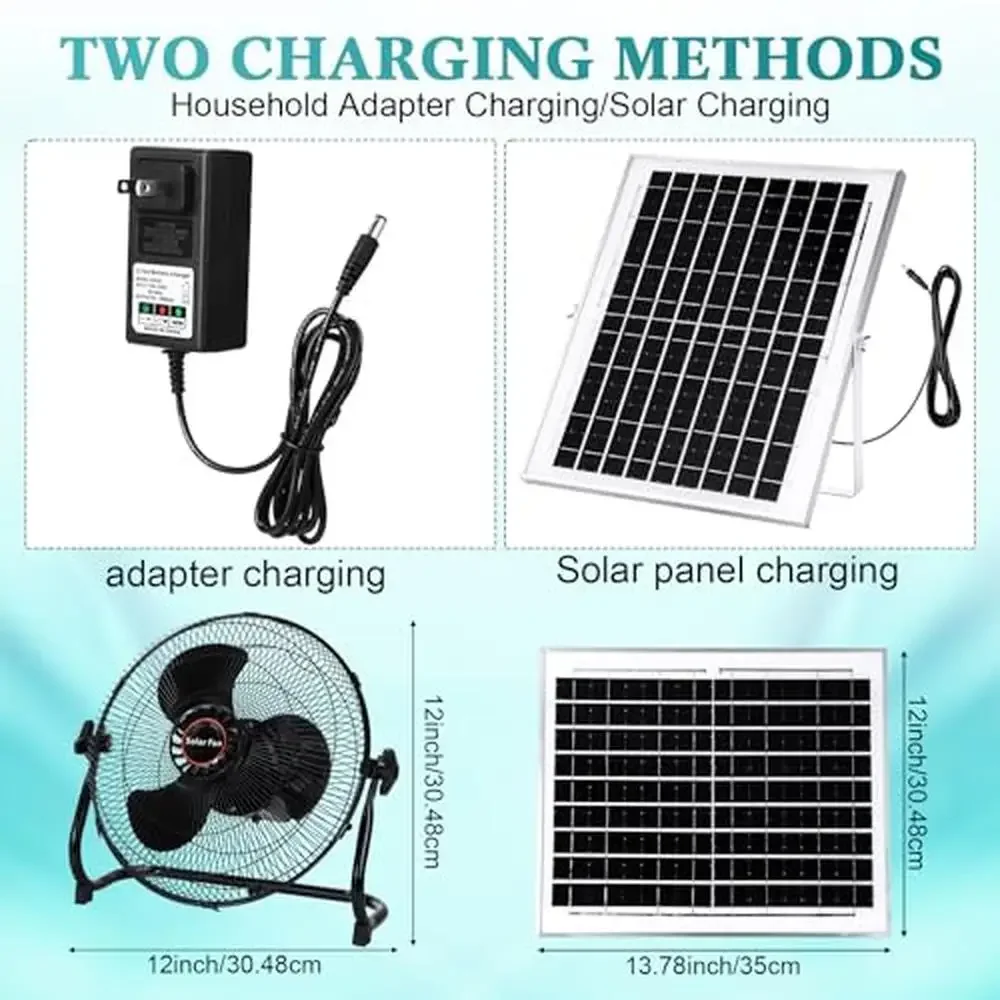 12 Inch Solar Panel Powered Fan and AC Charger 2 in 1 Portable Exhaust Fan 12W 9V Mini Quiet Fan Camping Hiking Fishing Outdoor