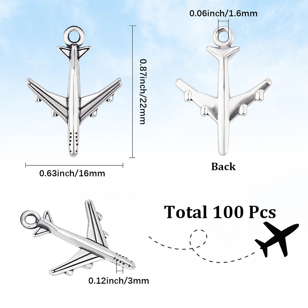 1 Box 100Pcs Plane Charm Silver Aircraft Charms Bulk Metal Airplane Flight Aeroplane Airliner Air Plane Pendants for Jewelry