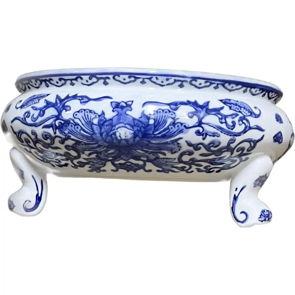 

9.5 Blue & White Oriental Lotus Vine Bamboo Planter Bowl for Succulents and Cactus