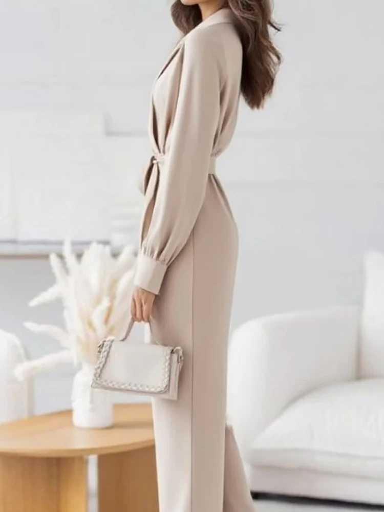 

Sexy V-neck Long Sleeve Commuter Playsuits Office Fashion Lace-Up Waist Loose Party Jumpsuit Elegant Draped Solid Color Rompers