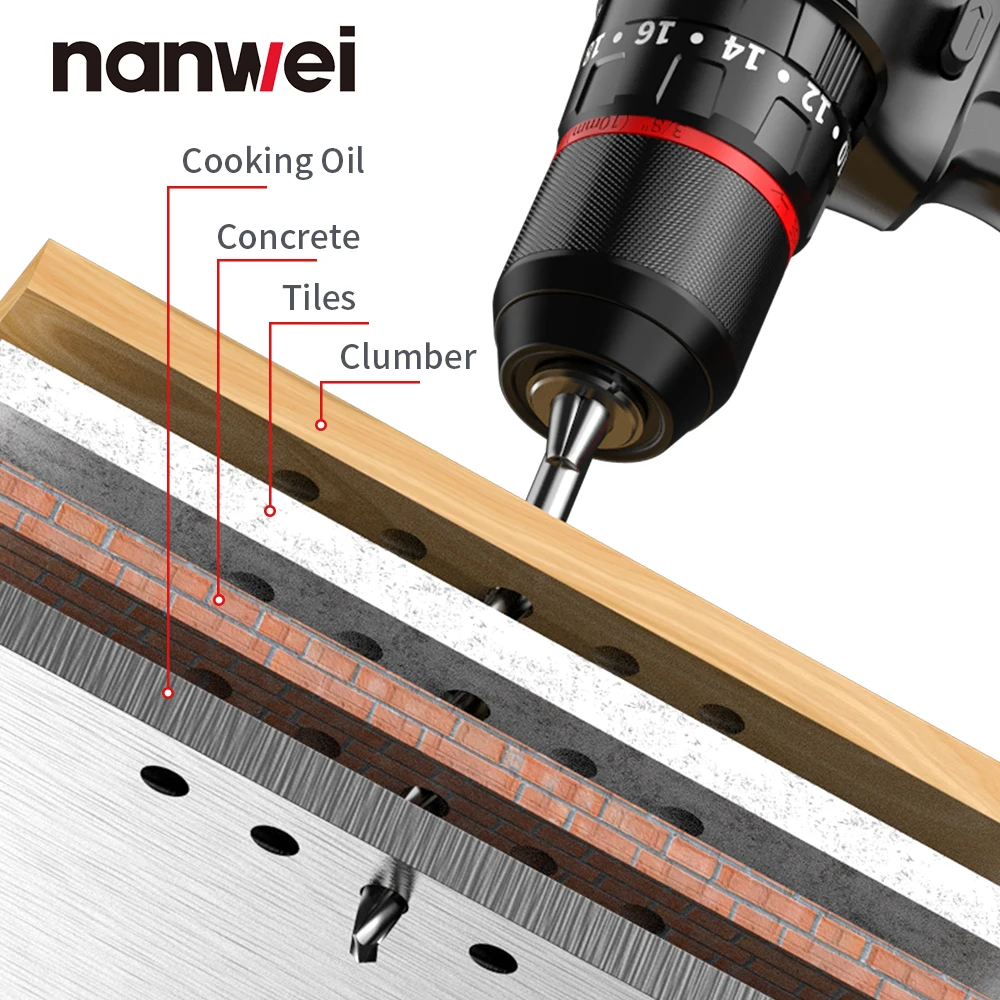 Nanwei Brushless 21V Dual Speed Impact Drill 10MM Household Screwdriver High Quality Electric Tools