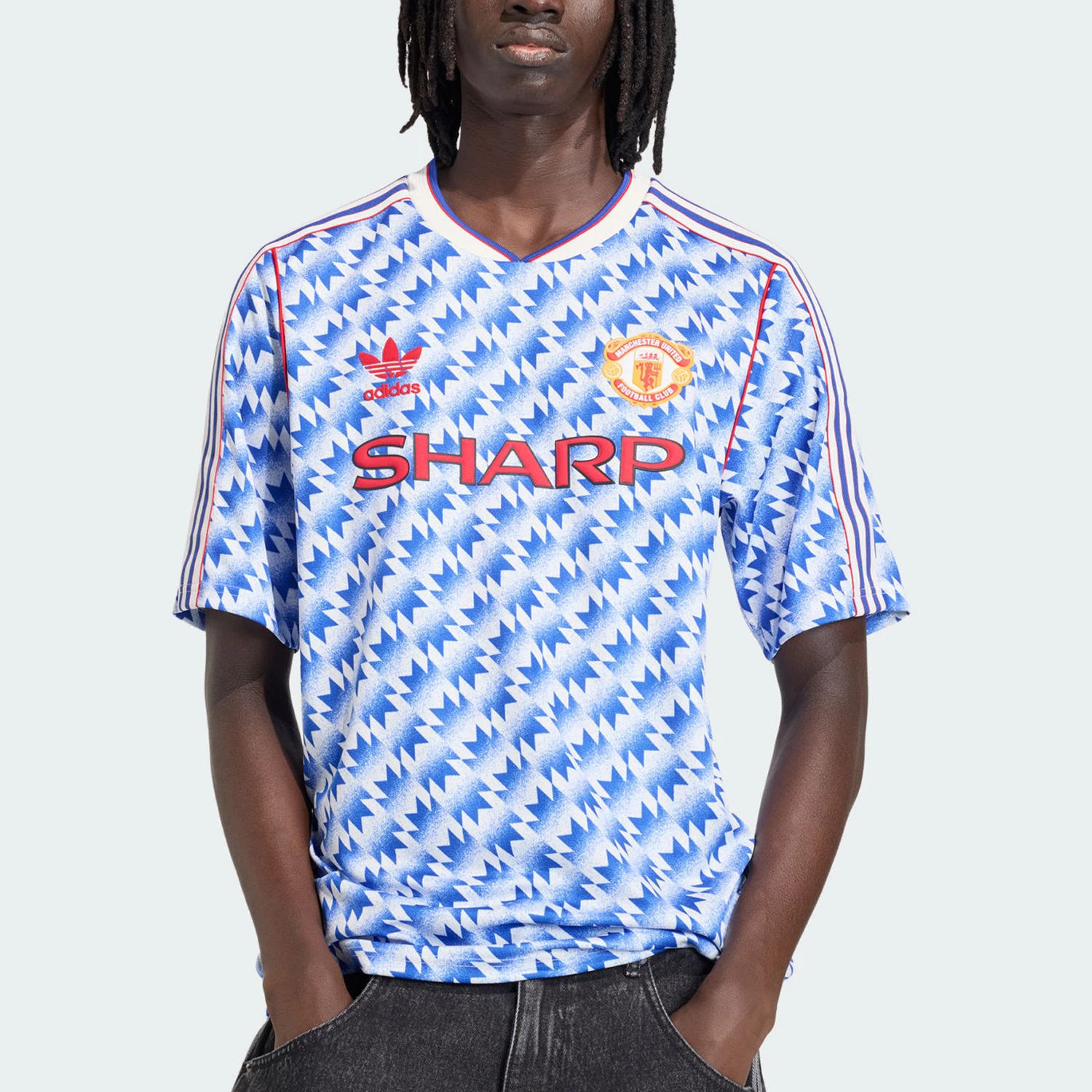 Adidas genuine clover new men's blue and white retro short sleeved jersey JM5495