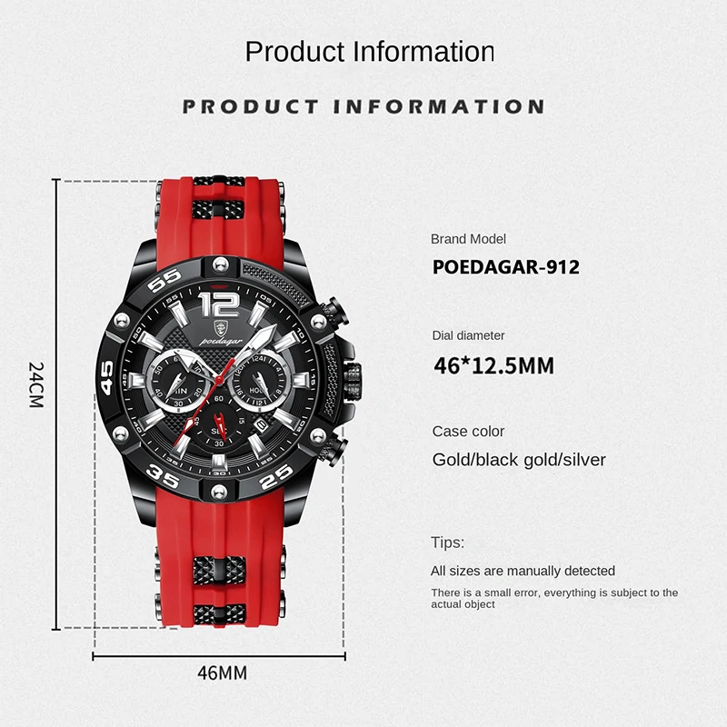 POEDAGAR Mens Watches Brand Luxury Silicone Strap Waterproof Sport Chronograph Quartz Wristwatch Men Clock Relogio Masculino