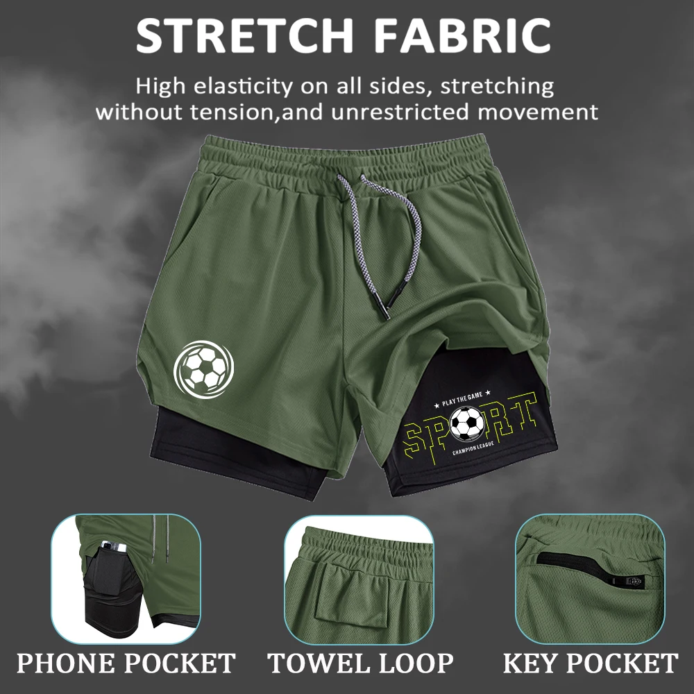 Men's Football Print 2 In 1 Sports Shorts 2026 New Fitness Training Drawstring Shorts With Towel Loop And Inner Phone Pocket