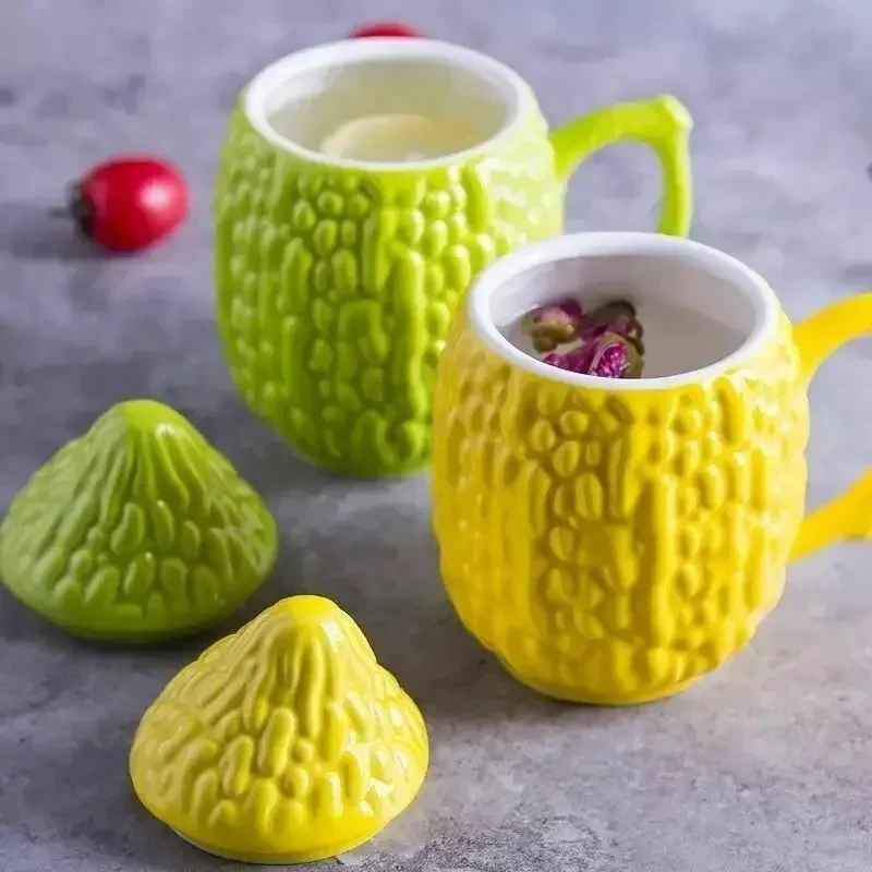 

Creative Balsam Pear Cups Ceramic Cups Funny Mug with Lid Funny Styling Gifts Coffee Cup