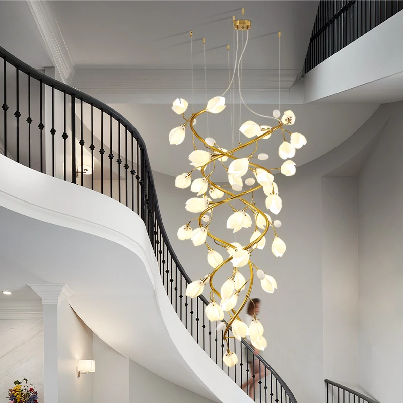 Luxury Magnolia Flower Hanging Staircase Chandeliers For Loft Lobby Living Room Long Ceramics Hanging Chandelier High Ceiling