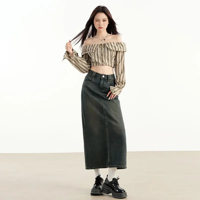 

Washed Denim High Waist Midi Skirt Retro A-Line Skirt Korean Sle Commute Cotton Blend Autumn Winter New Women's Fashion skirts