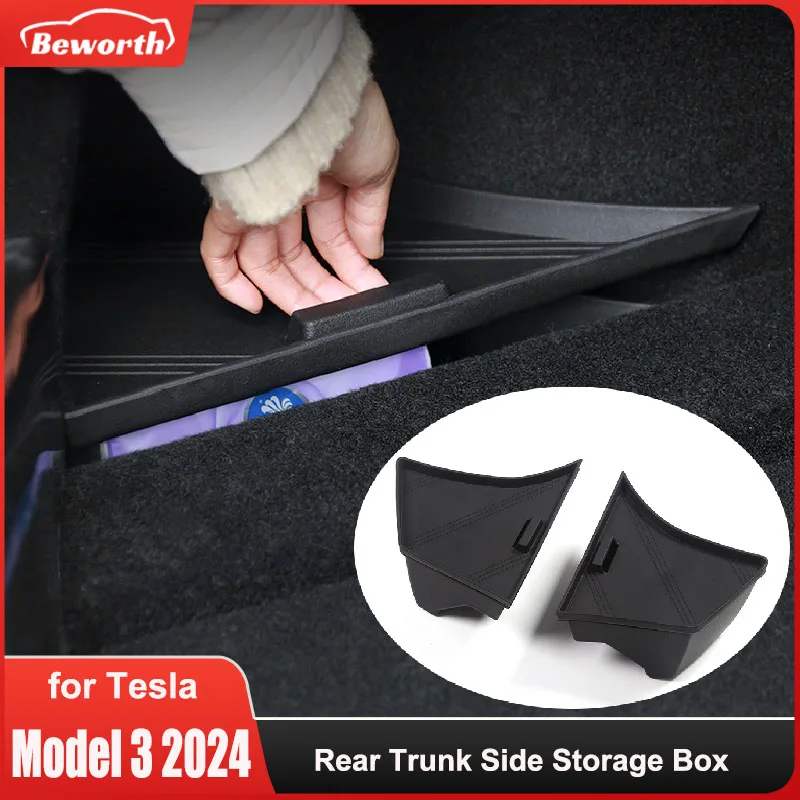 For 2024 Tesla Model 3 Highland Rear Trunk Side Storage Box with Cover Organizer Garbage Bins Partition Decoration Accessories