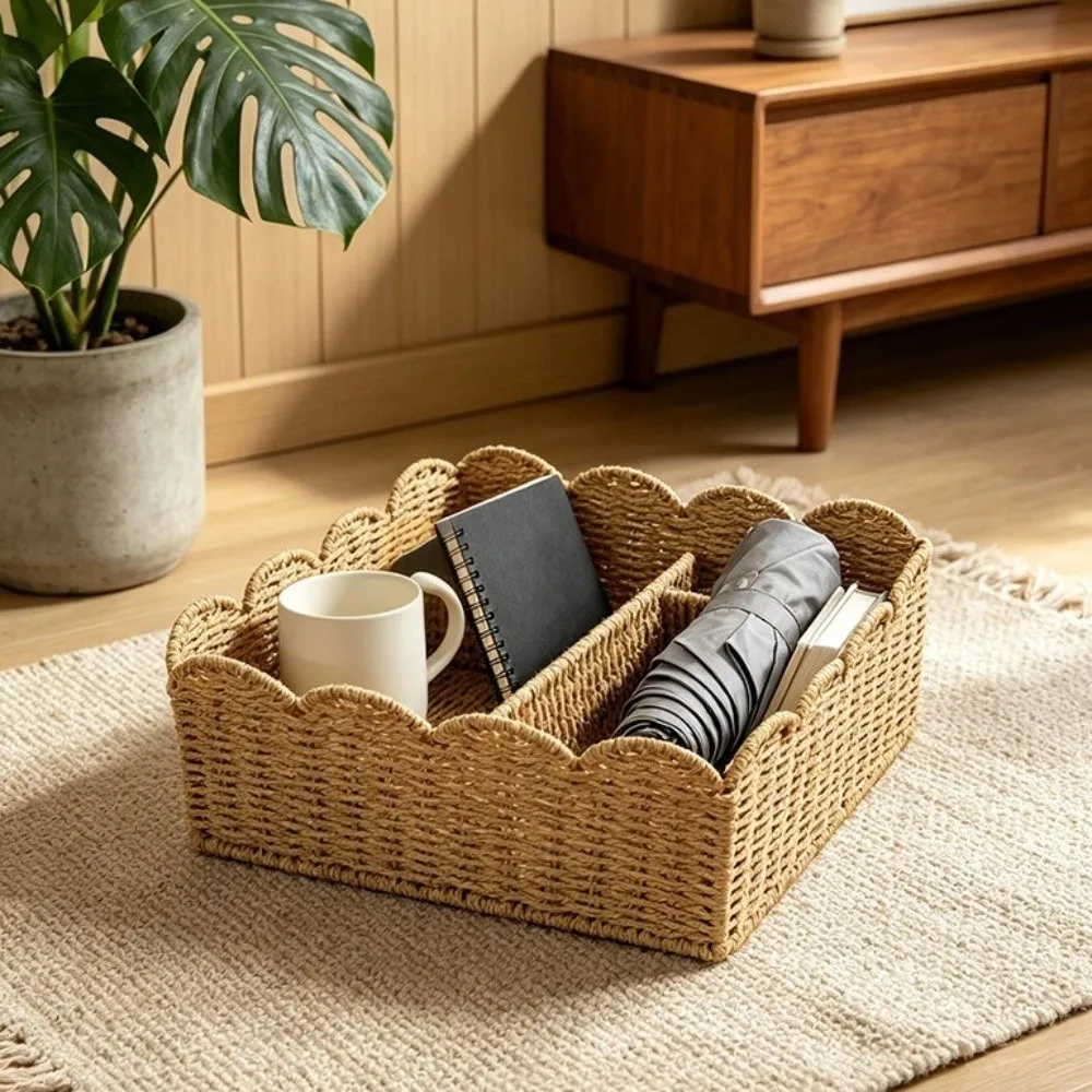 Rattan Effect Scalloped Edge Storage Basket Handles Plastic Imitation Rattan Basket Woven Handwoven Organizer Basket