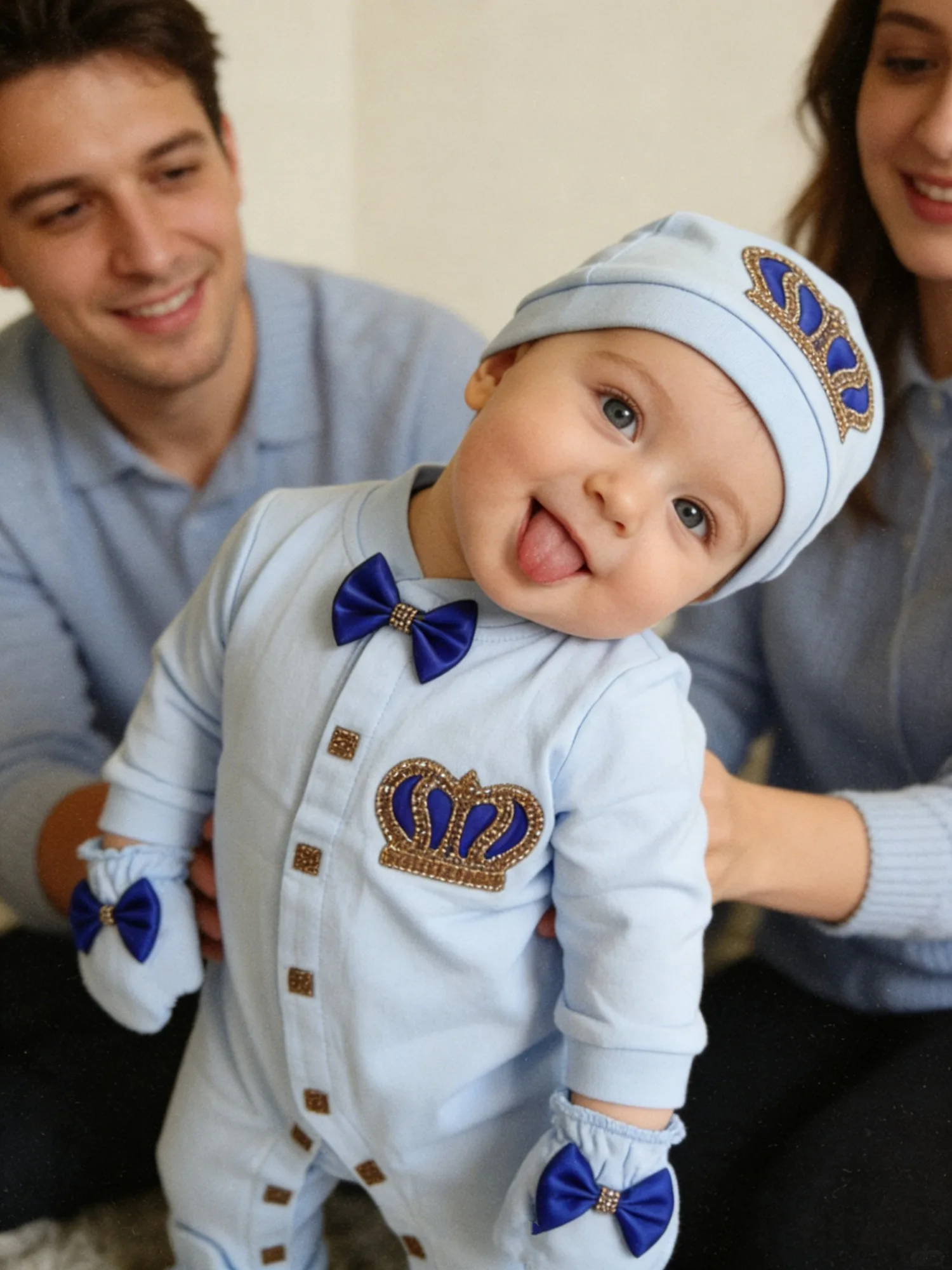 Baby Boy Blue Crown Gentleman Set - Onesie Hat Mittens Swaddle with Rhinestone & Bowtie