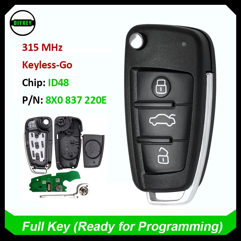 DIYKEY P/N: 8X0 837 220 E Keyless-Go Flip Remote Key Fob 315MHz ID48 Chip for Audi Q3 2012 2013 2014 2015 2016 8X0837220