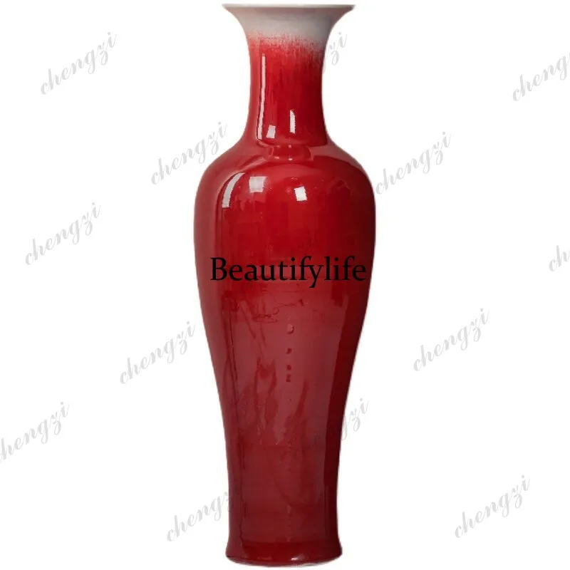 Ceramics Light Luxury Lang Red Glaze Floor-to-Floor Large Vase Living Room Entrance Chinese Flower Arrangement Ornament