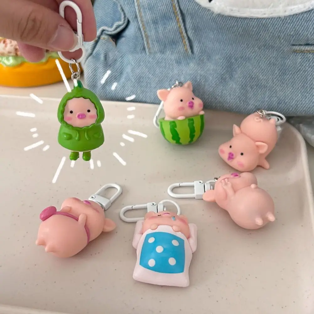 Funny Three-Dimensional Kawaii Pig Keychain Waterme Sleeping Animal Shape Keychain Rain Coat Mobile Phone Bag Pendant