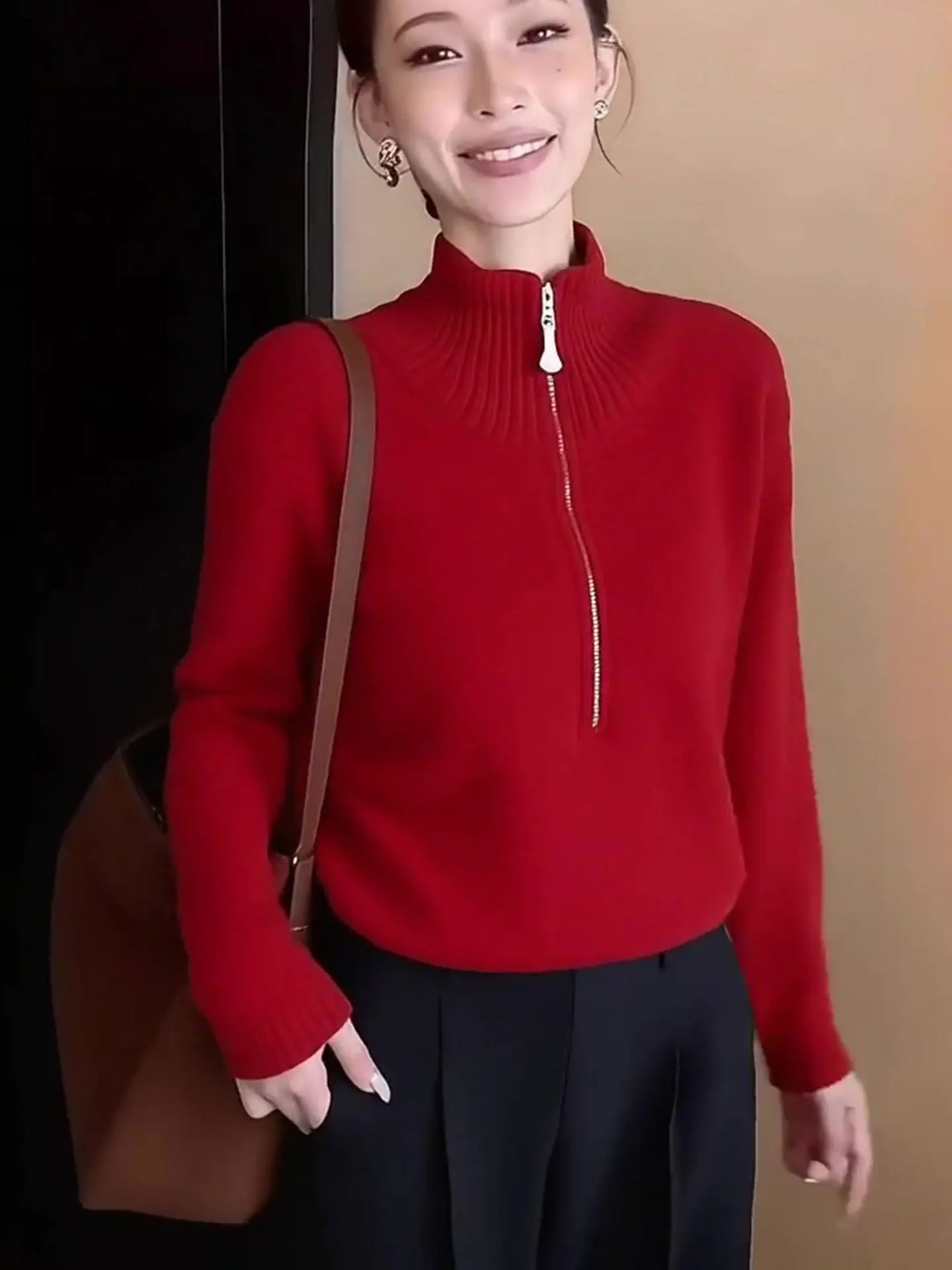 

Ele Long Sve Knitted Sweater f Zipper New Year Red Angora Spring 2026 Commute Sle Regular Fit Warmth Fem Top