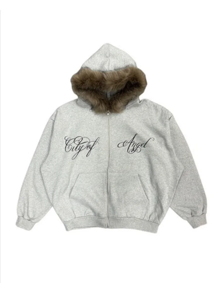 2026 Autumn Winter Y2K Grunge Faux Fur Hood Zip Up Hoodie Letter Embroidery Oversized Long Sleeve Streetwear Sweatshirt view 4
