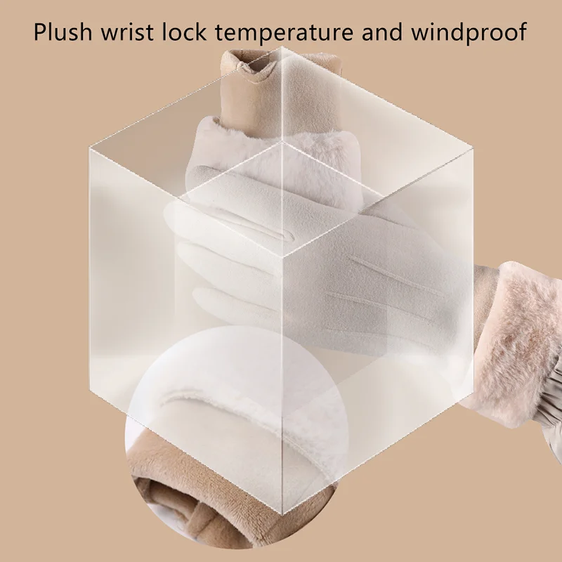 Autumn Winter Warm Suede Gloves Plus Velvet Thickened Plush Decor Cuff Gloves Outdoor Coldproof Touchscreen Riding Ski Gloves