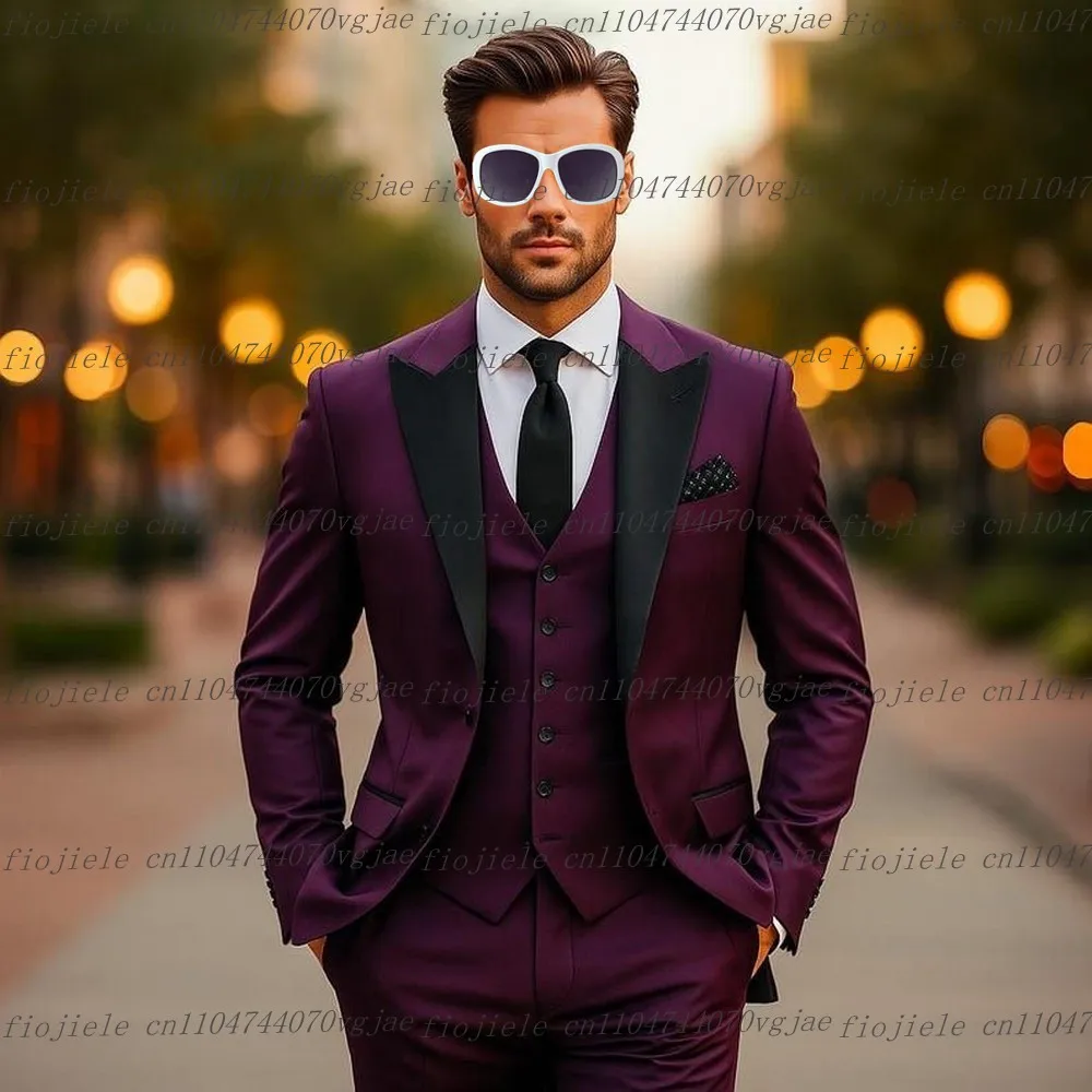 

Black Collar Dark Purple Men Suit Formal Wedding Party Groom Groomsman Male Tuxedos Customize 3 Piece Set Jacket Vest Pants