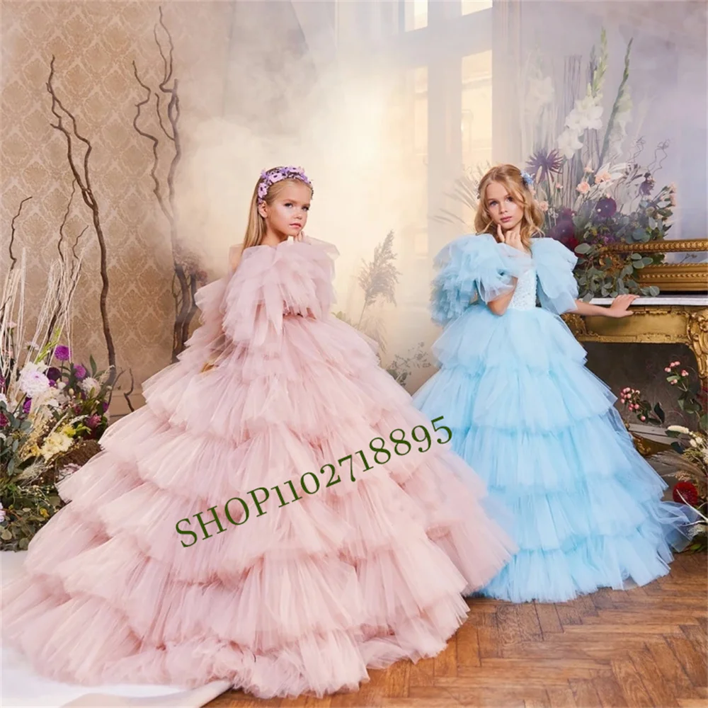 Ruffle Layered Flower Girl Dress For Wedding Applique Sequin Tulle Puffy Beading Birthday Party Dress First Communion Ball Gowns