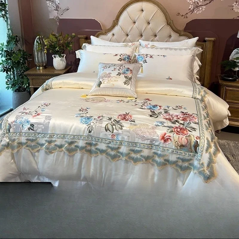 Chinese peony embroidery 140 counts high-precision brocade cotton four-piece set high-end white quilt cover cotton 1.8m bed