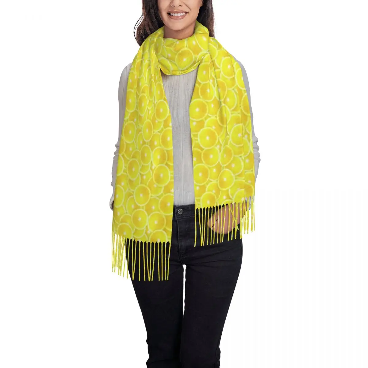 Lemon Slice Print Scarf Men Women Digital Art Large Scarves with Tassel Winter Casual Shawl Wraps Warm Soft Custom Bandana