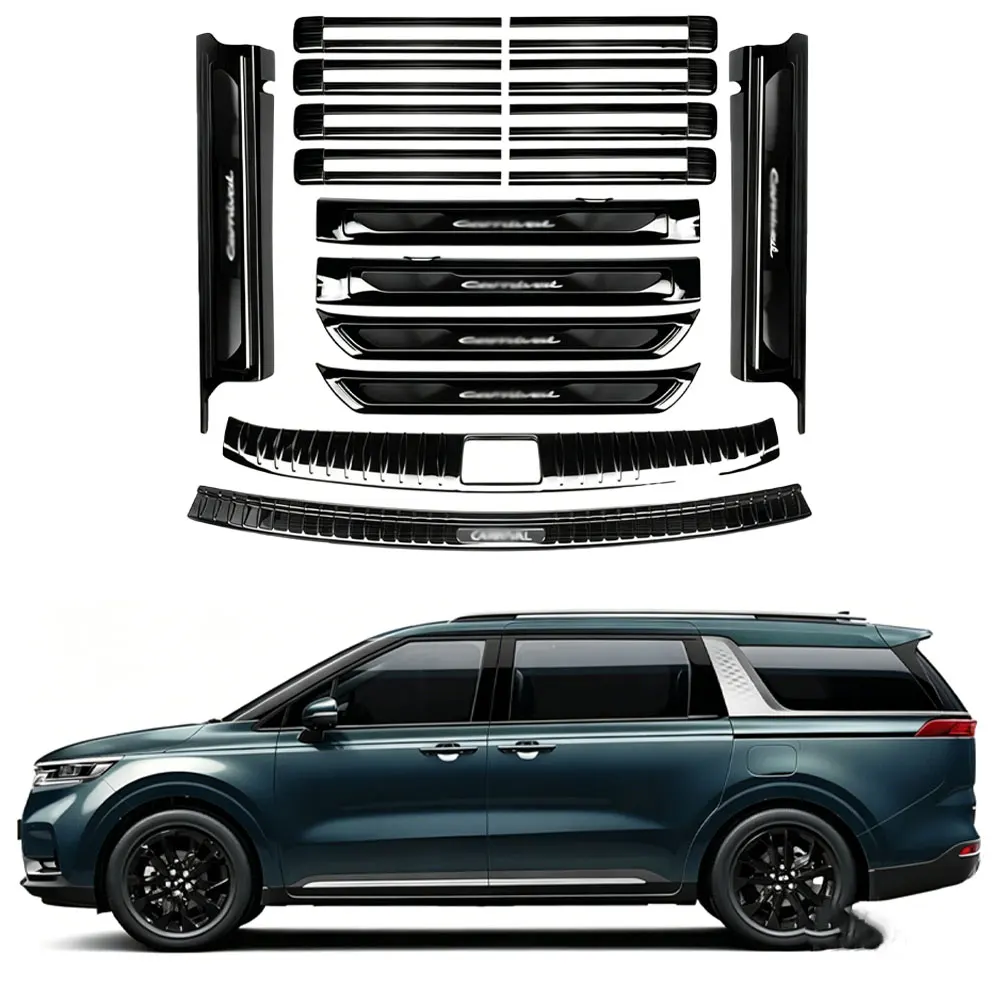 16PCS Black Molding Trims Plates Door Sill Scuff Fits for KIA Carnival 2021-2025 Anti Scratch