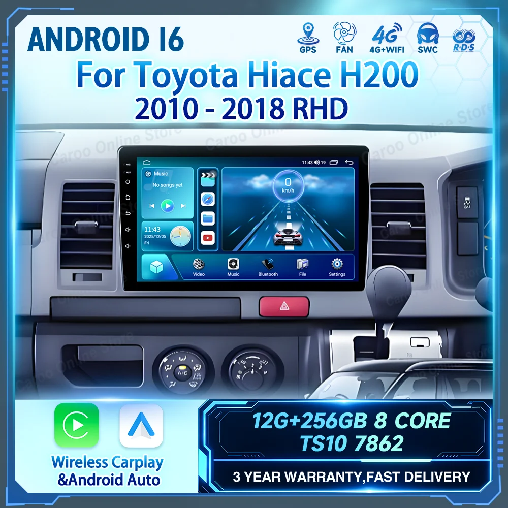 Android 16 Car DVD Radio Stereo For Toyota Hiace H200 2010-2018 RHD Auto GPS Navigation Player Multimedia Carplay NO 2Din DVD 4G