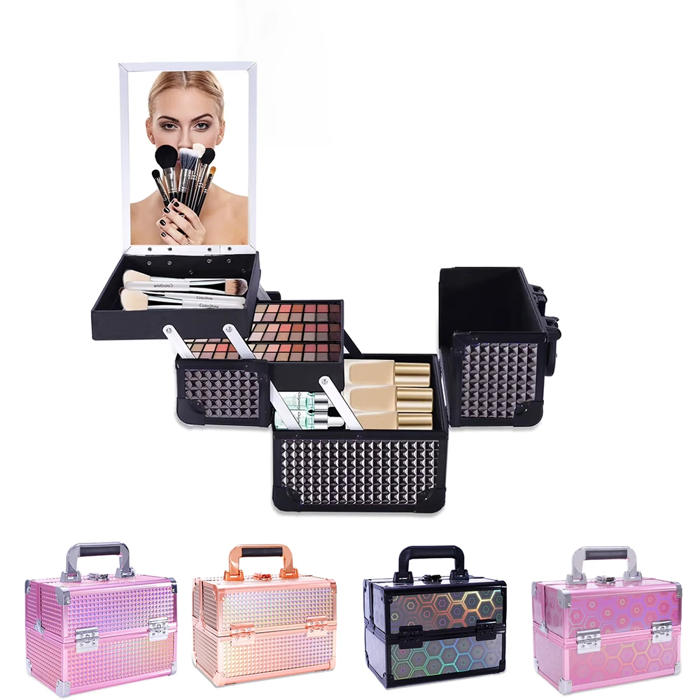 

Makeup Train Case Cosmetic Box Portable Lockable Organizer 2 Trays with Mirror for Cosmetic Jewelry Nails Beauty Storage Box