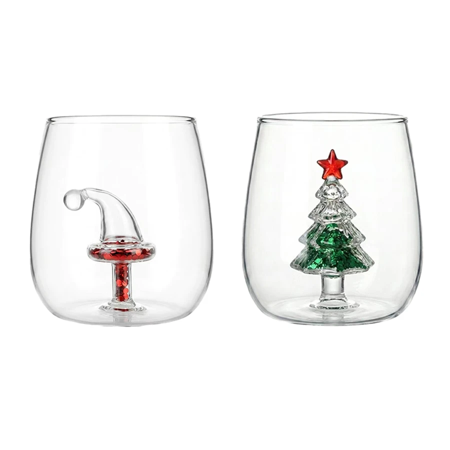 Creative Christmas Themed Glass Mug, Hand‑Blown Clear Glass Tumbler With Built‑in Christmas Tree & Santa Hat Ornament, Xmas Deco