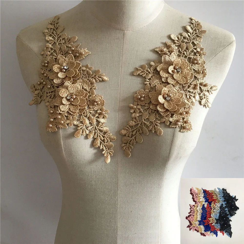 pair of Flowers Polyester Hollow Collar 3D Rhinestone ABS pearl Dress Gorgeous DIY Lace Craft Embroidery Applicatio