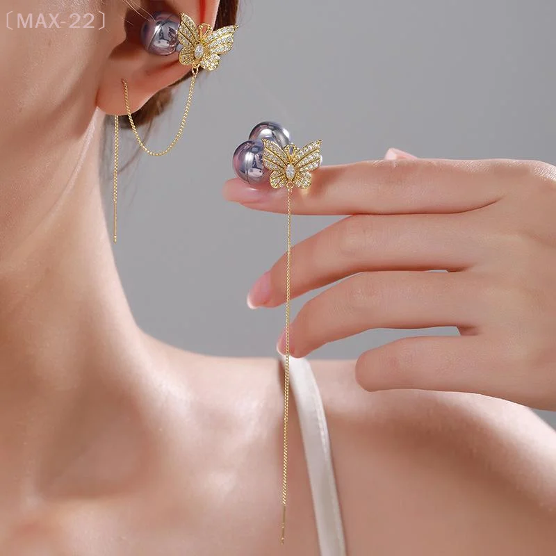 〔MAX-22〕2Pcs Rhinestone Drop Earrings Butterfly Ear Clip For Freeclip Wireless Earphone Accessory