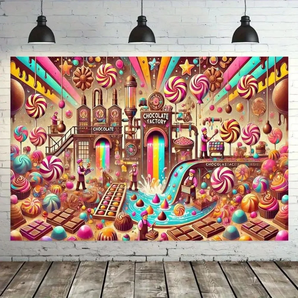 Toile de fond de bannière sur le thème de l'usine de chocolat Happy Time, pour célébrations, activités festives, décoration de fête et photographie