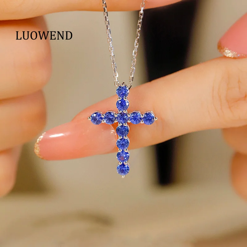 LUOWEND 100% 18K White Gold Necklace Classic Cross Pendant Real Natural Sapphire Necklace for Women High Anniversary Gift