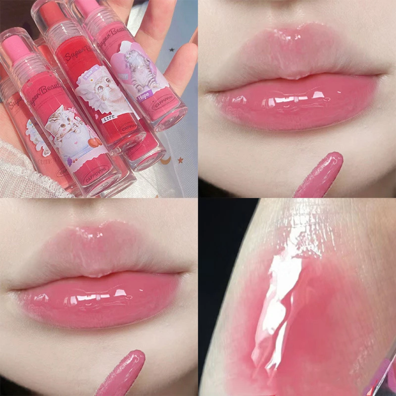 Cute Cat Lip Gloss Set Lips Essence Jelly Lip Glaze Moisturizer Mirror Water Light Lipsticks Red Lip Tint Liquid Lip Oil Balm