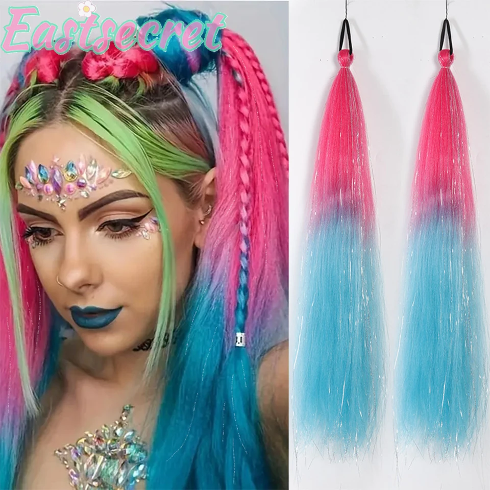 탄성 헤어 타이 합성 긴 스트레이트 포니테일, 여성용 다채로운 브레이드 헤어 포니테일, 익스텐션 헤어 액세서리, 2 개