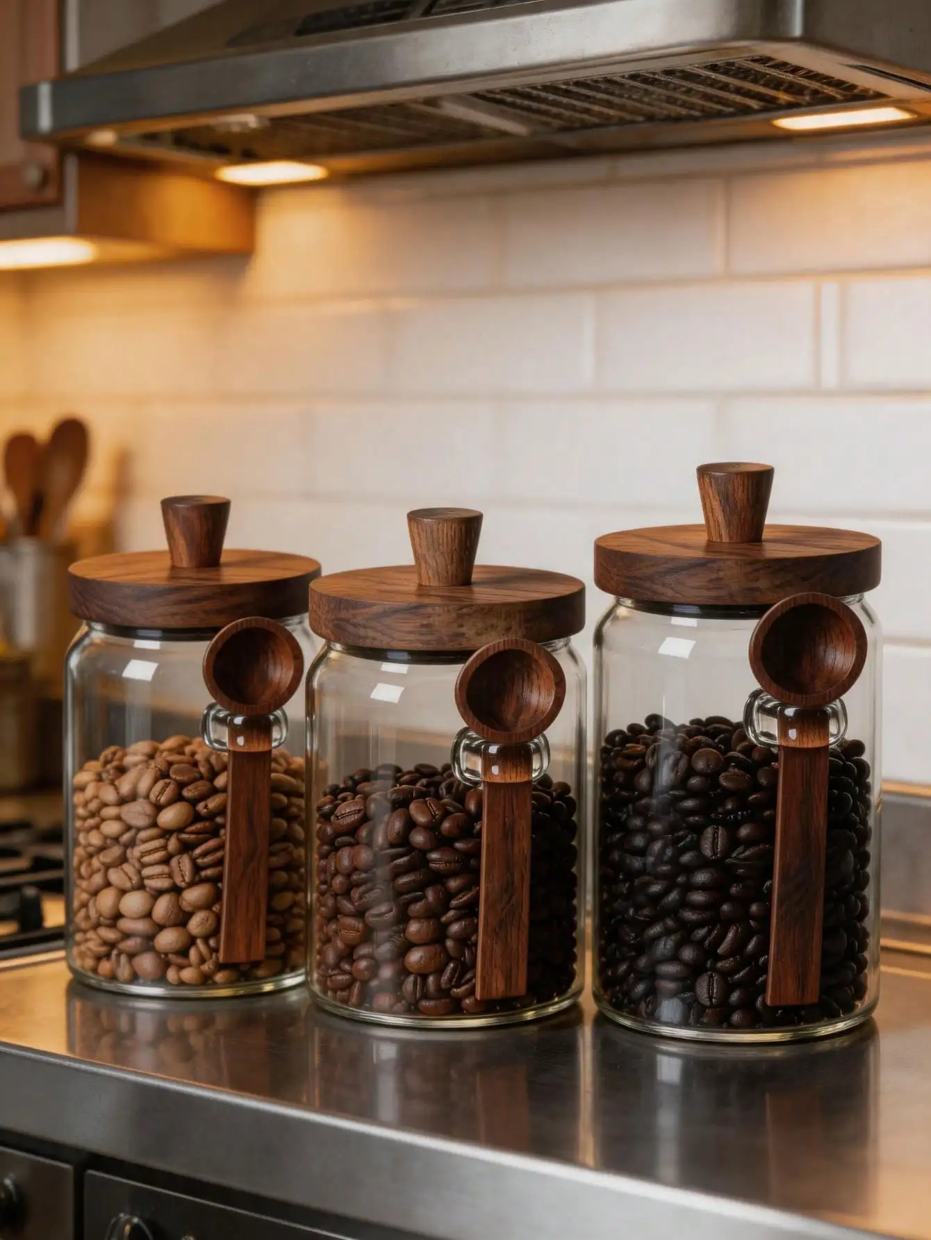 3 Pcs Glass Food Storage Jars Modern Farmhouse Clear Canister Set Airtight Sealed Dark Wood Lids Matching Wooden Spoons Holder Containers For Coffee Beans Tea Sugar Kitchen Pantry Countertop Housewarming Gift