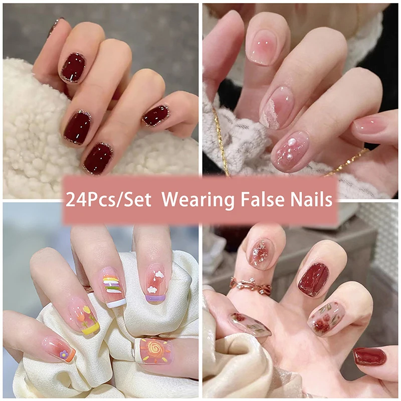 24PCS ดอกไม้ฝรั่งเศสเล็บปลอมสวมใส่กันน้ํากดบนเล็บเต็มรูปแบบ Faux สีทึบเล็บพิมพ์อุปกรณ์เสริมเครื่องมือ