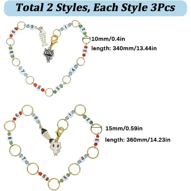 ニット列カウンターチェーン、番号0-9ビーズ、ステッチマーカー、取り外し可能なかわいいエナメル、猫の魚の骨の魅力、6個